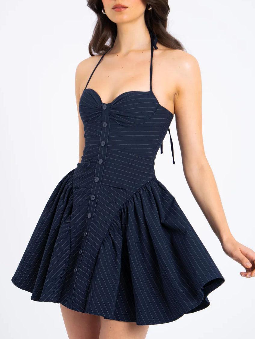 Aurohaya Fashion Pinstripe Halter Neck Low Waist Mini Dress