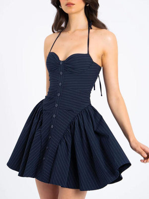 Aurohaya Fashion Pinstripe Halter Neck Low Waist Mini Dress