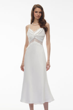 Aurohaya Astarte White Floral Lace Twist Midi Dress