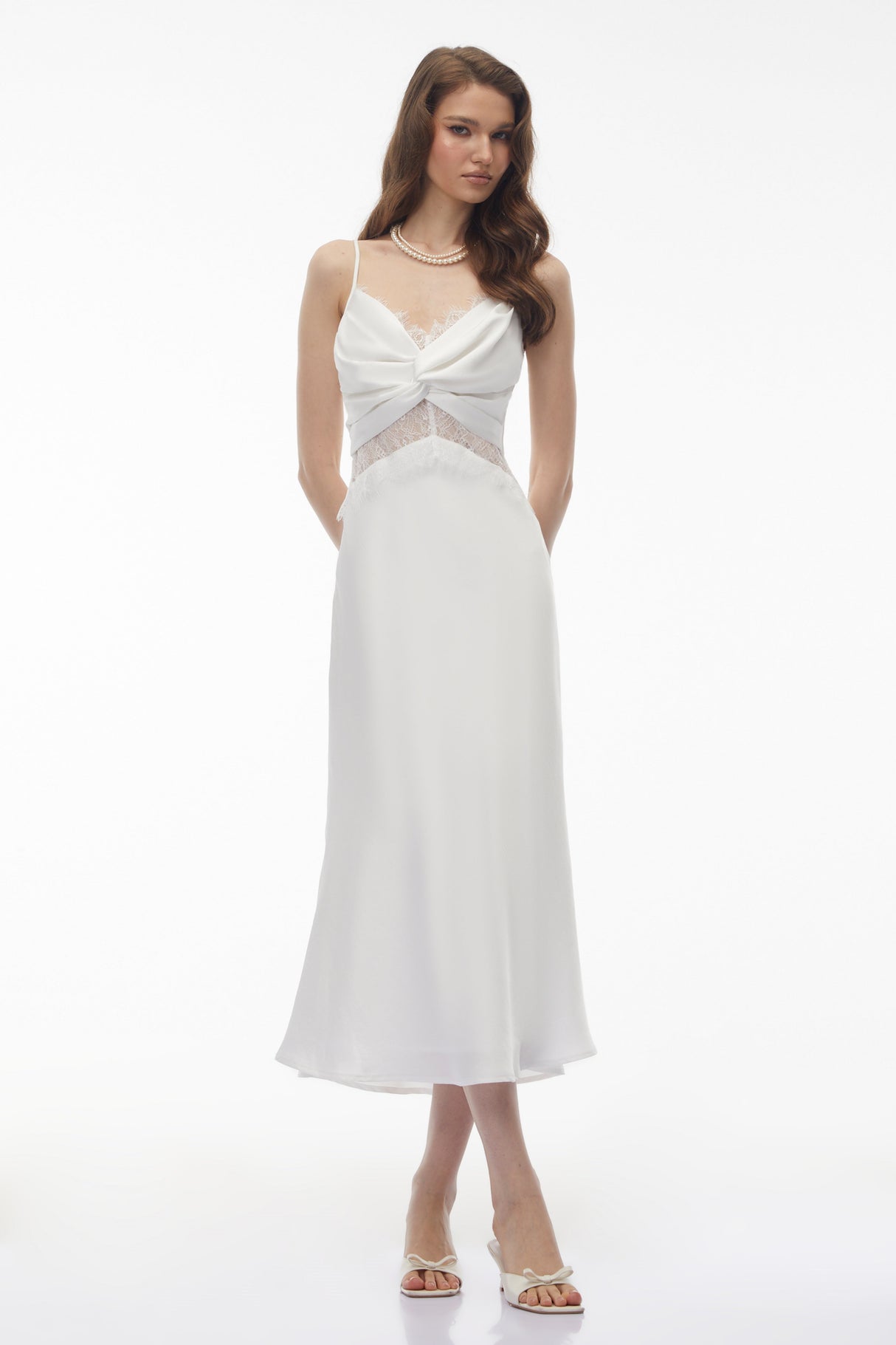 Aurohaya Astarte White Floral Lace Twist Midi Dress