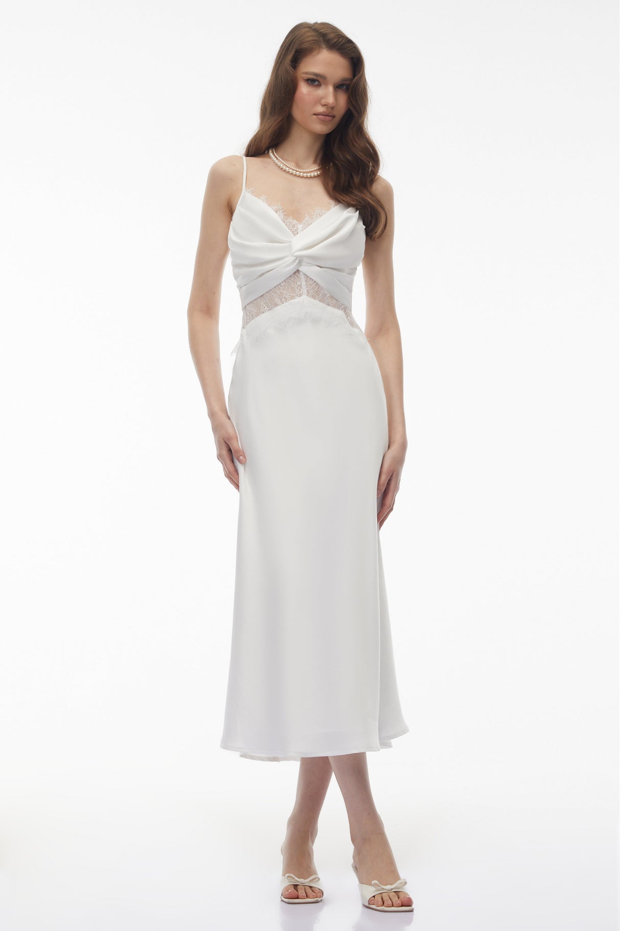 Aurohaya Astarte White Floral Lace Twist Midi Dress