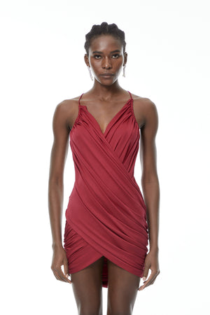 Aurohaya Astrid Burgundy V-Neck Draped Mini Dress
