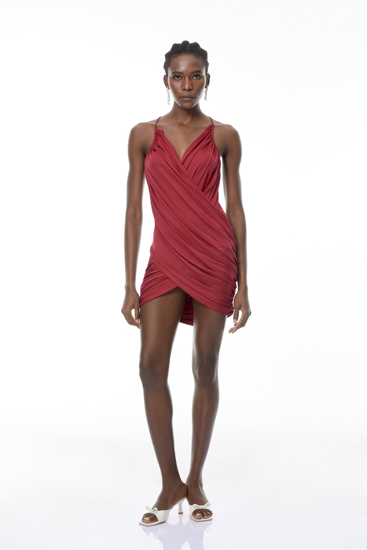 Aurohaya Astrid Burgundy V-Neck Draped Mini Dress