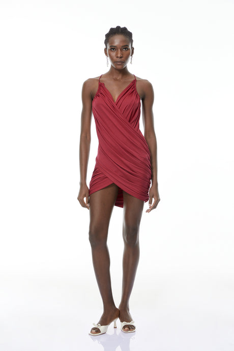 Aurohaya Astrid Burgundy V-Neck Draped Mini Dress