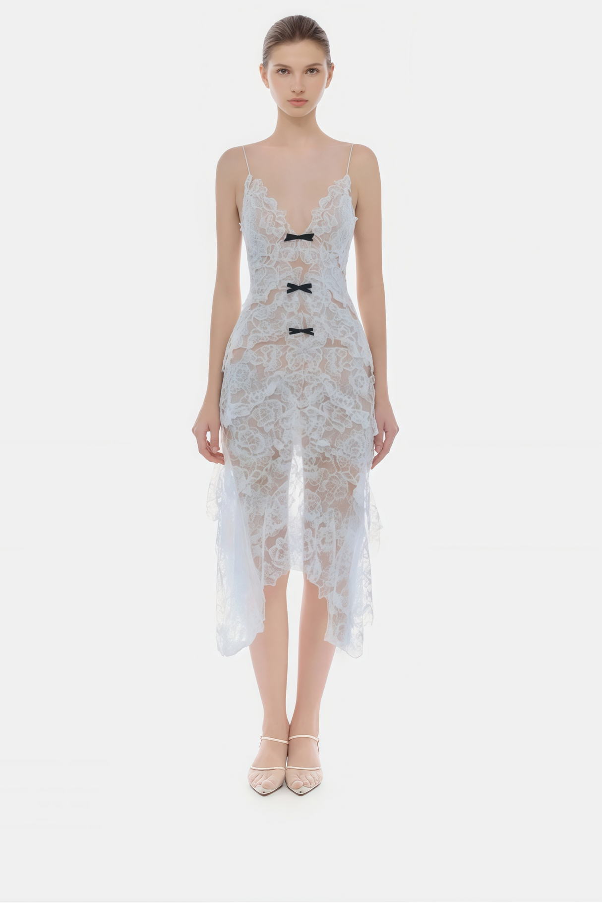 Aurohaya Atousa Blue Layered Floral Lace Maxi Dress with Bow