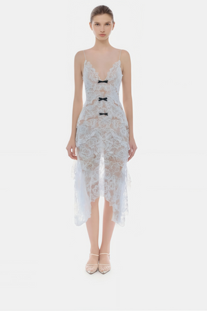 Aurohaya Atousa Blue Layered Floral Lace Maxi Dress with Bow