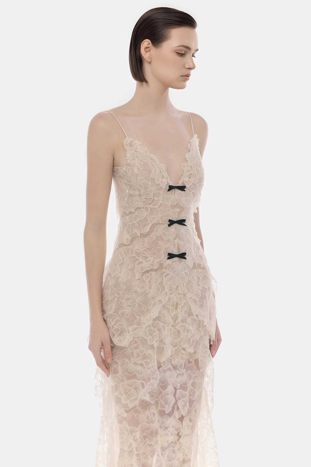 Aurohaya Atousa Cream Layered Floral Lace Maxi Dress with Bow