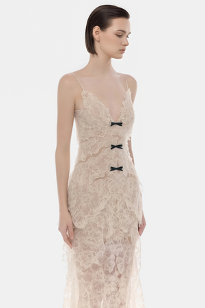 Aurohaya Atousa Cream Layered Floral Lace Maxi Dress with Bow