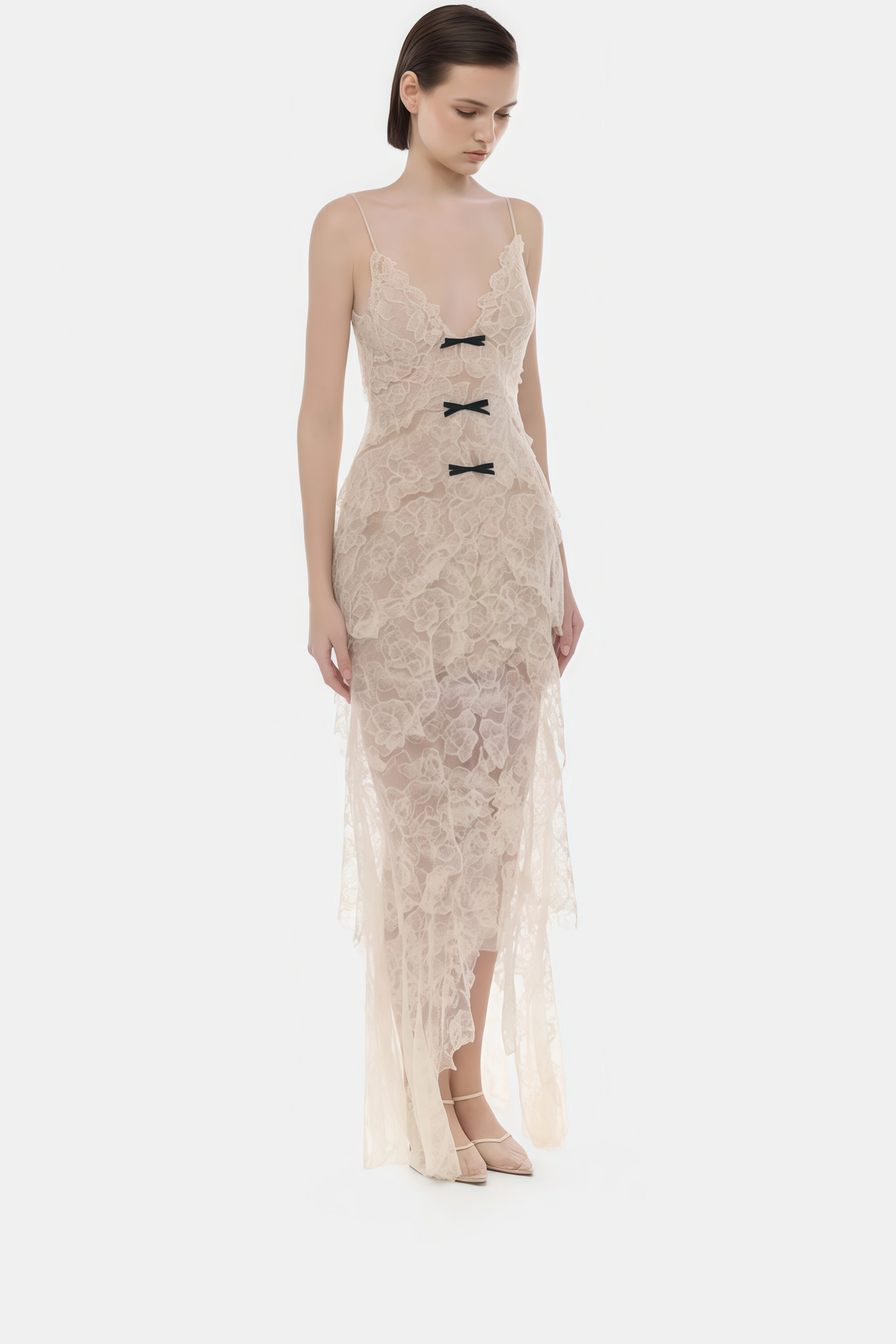 Aurohaya Atousa Cream Layered Floral Lace Maxi Dress with Bow