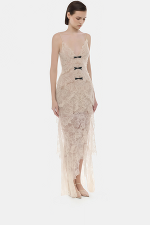 Aurohaya Atousa Cream Layered Floral Lace Maxi Dress with Bow