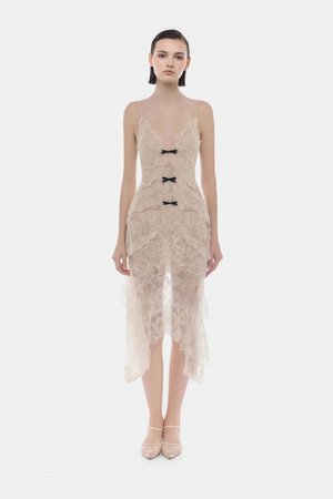 Aurohaya Atousa Cream Layered Floral Lace Maxi Dress with Bow