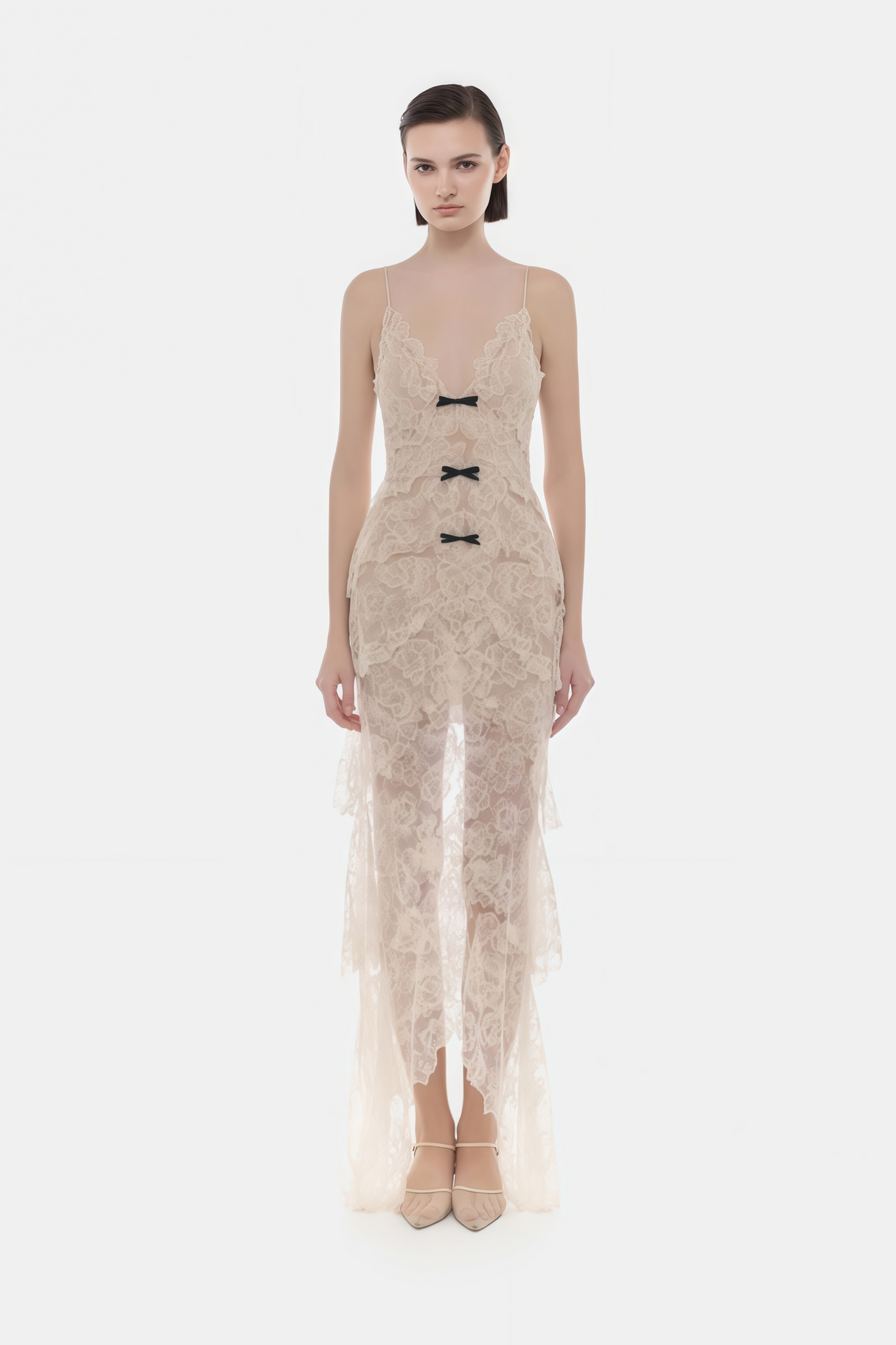 Aurohaya Atousa Cream Layered Floral Lace Maxi Dress with Bow