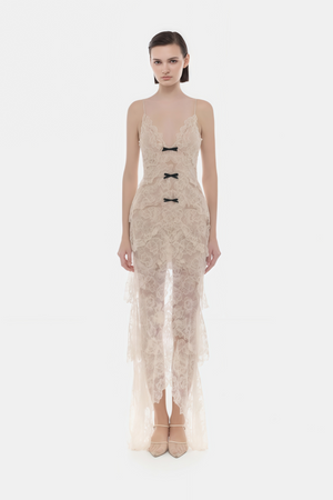 Aurohaya Atousa Cream Layered Floral Lace Maxi Dress with Bow