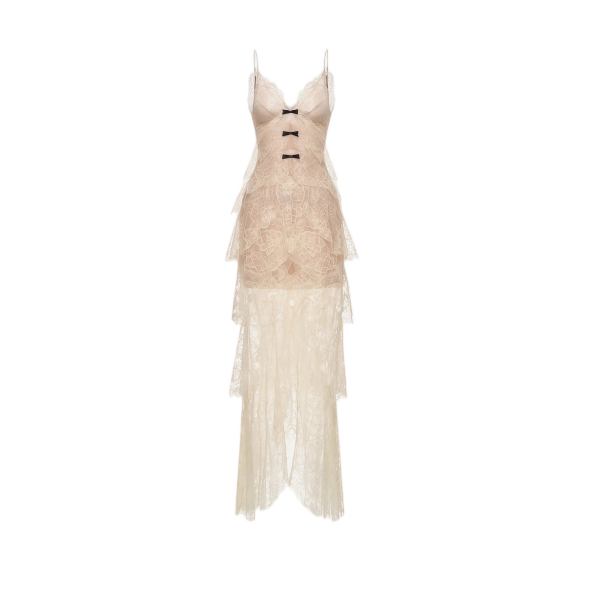 Aurohaya Atousa Cream Layered Floral Lace Maxi Dress with Bow