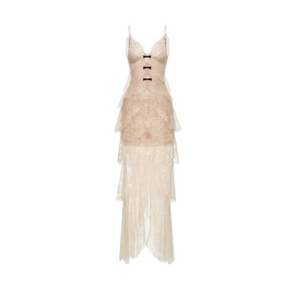 Aurohaya Atousa Cream Layered Floral Lace Maxi Dress with Bow