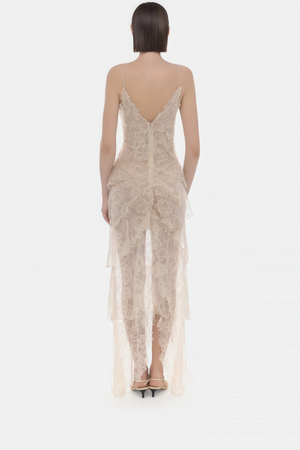 Aurohaya Atousa Cream Layered Floral Lace Maxi Dress with Bow
