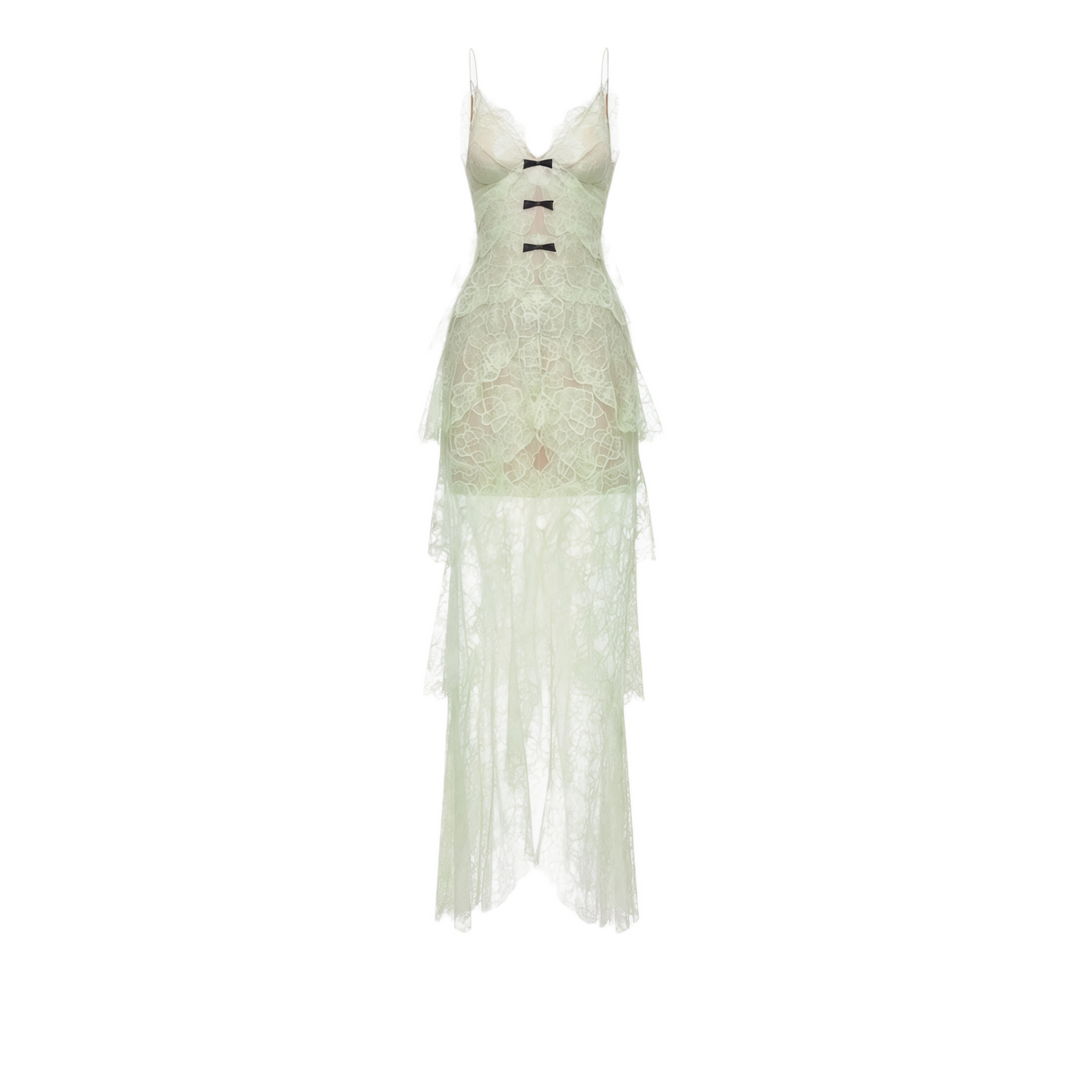 Aurohaya Atousa Green Layered Floral Lace Maxi Dress with Bow