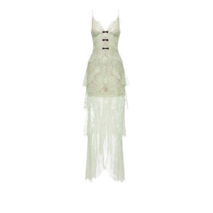 Aurohaya Atousa Green Layered Floral Lace Maxi Dress with Bow