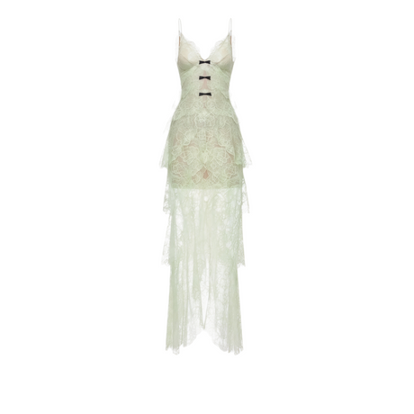 Aurohaya Atousa Green Layered Floral Lace Maxi Dress with Bow