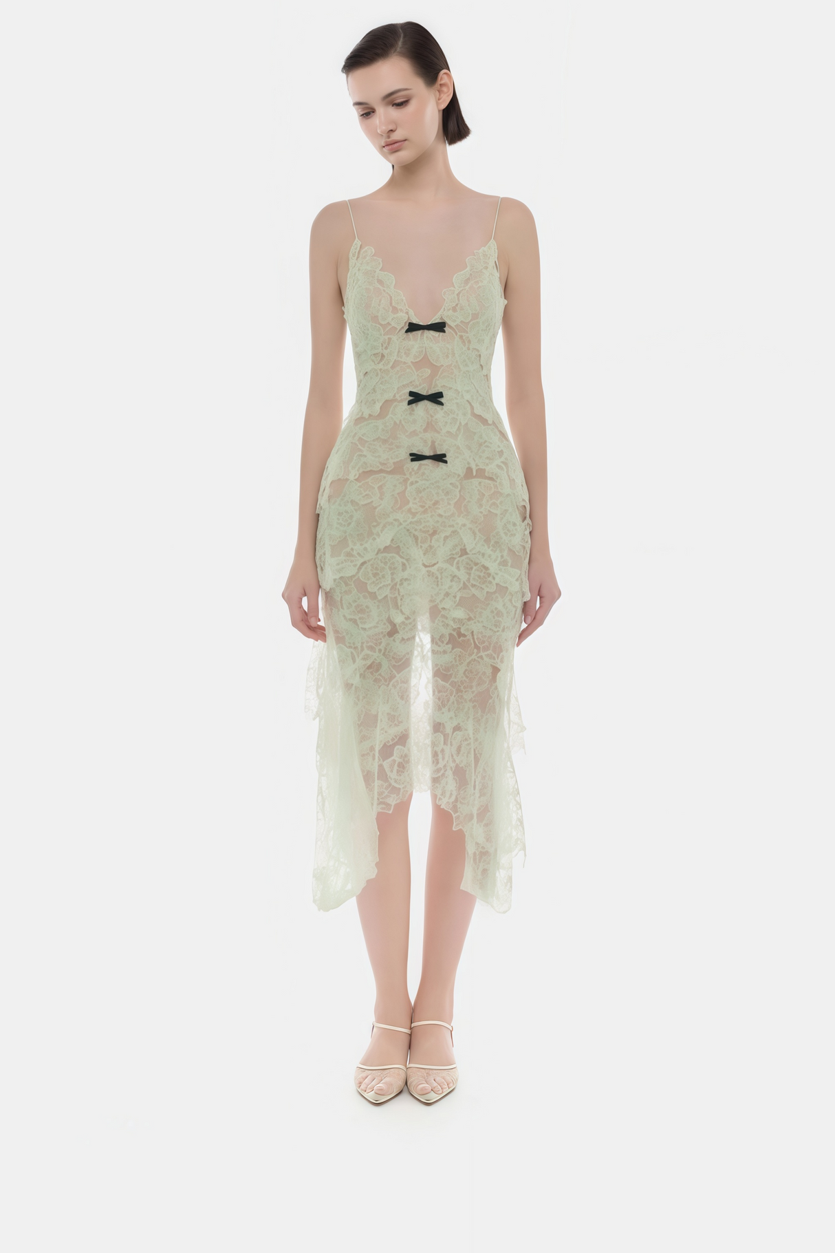 Aurohaya Atousa Green Layered Floral Lace Maxi Dress with Bow
