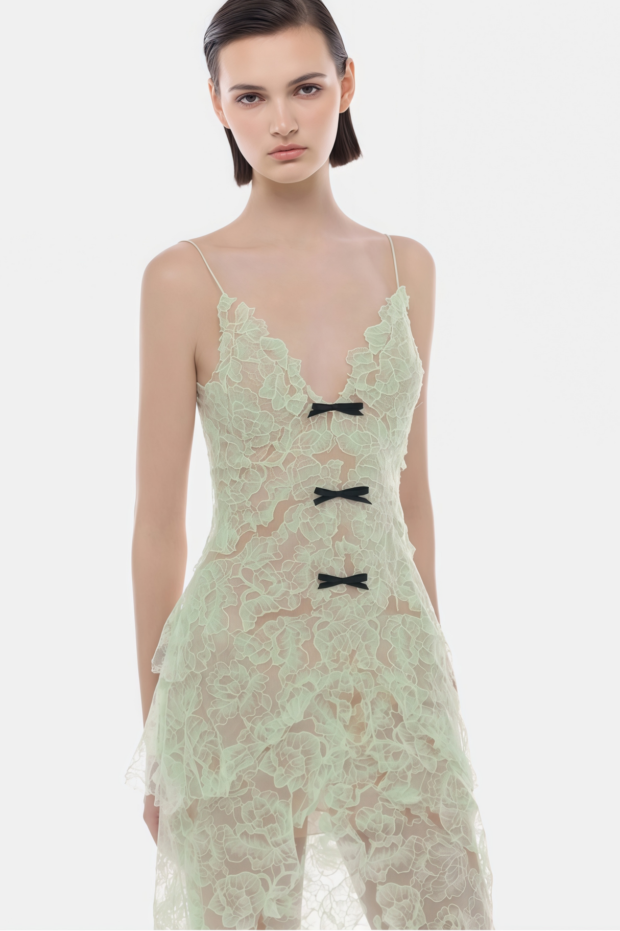 Aurohaya Atousa Green Layered Floral Lace Maxi Dress with Bow