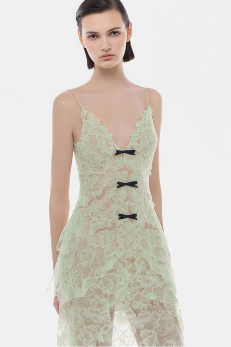 Aurohaya Atousa Green Layered Floral Lace Maxi Dress with Bow