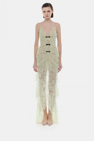 Aurohaya Atousa Green Layered Floral Lace Maxi Dress with Bow