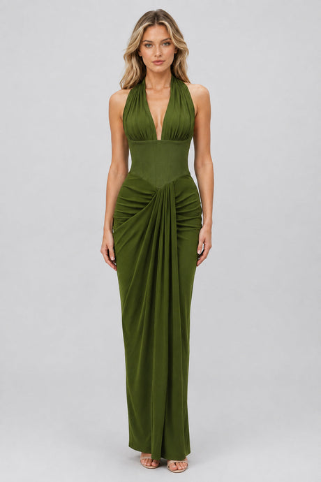 Auréline Plunging-Halter Corset Ruched-Slit Maxi Dress - Army Green_-_selmori.com_-_01