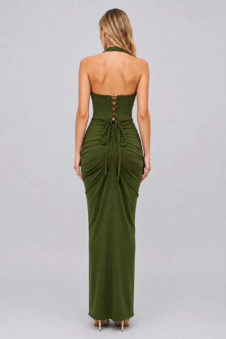 Auréline Plunging-Halter Corset Ruched-Slit Maxi Dress - Army Green_-_selmori.com_-_02