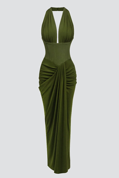 Auréline Plunging-Halter Corset Ruched-Slit Maxi Dress - Army Green_-_selmori.com_-_03