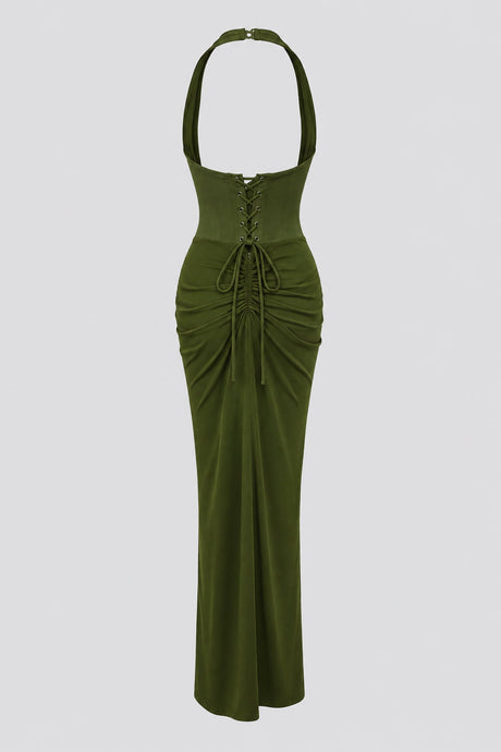 Auréline Plunging-Halter Corset Ruched-Slit Maxi Dress - Army Green_-_selmori.com_-_04