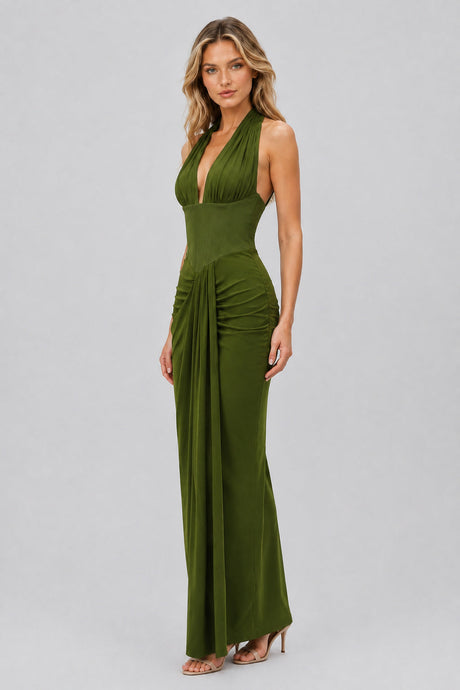 Auréline Plunging-Halter Corset Ruched-Slit Maxi Dress - Army Green_-_selmori.com_-_05