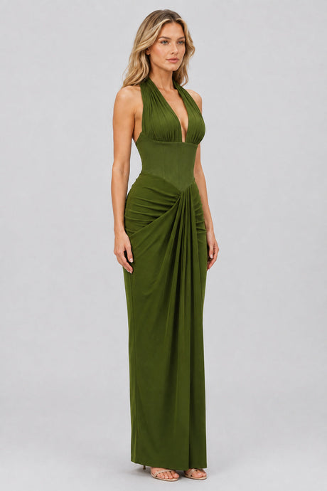 Auréline Plunging-Halter Corset Ruched-Slit Maxi Dress - Army Green_-_selmori.com_-_06