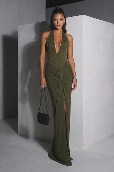 Auréline Plunging-Halter Corset Ruched-Slit Maxi Dress - Army Green_-_selmori.com_-_27