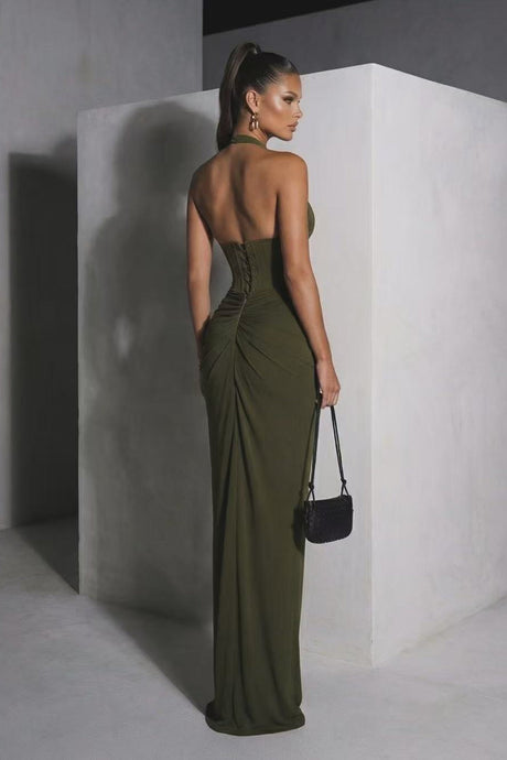 Auréline Plunging-Halter Corset Ruched-Slit Maxi Dress - Army Green_-_selmori.com_-_29