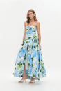 Aurohaya Jeanne Hydrangea Floral Strapless Maxi Dress Blue