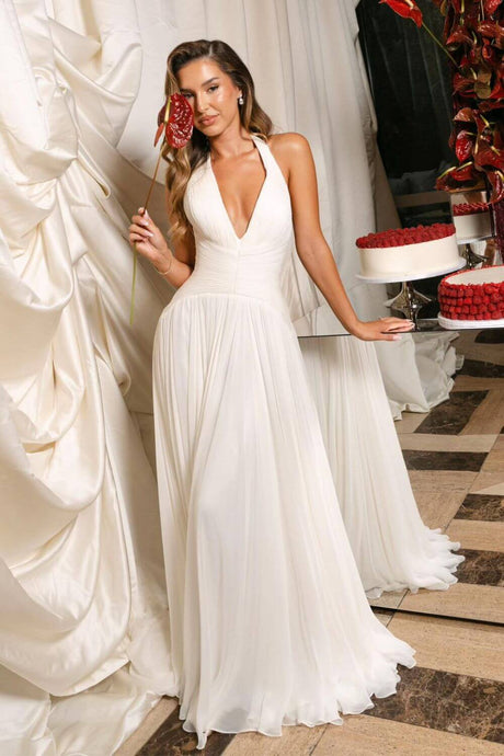 Aurohaya Nocturne Pleated Halter Maxi Dress White