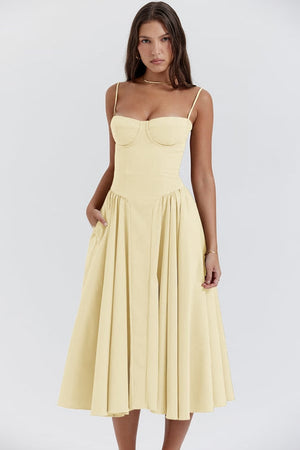 Aurohaya Orlane Corset Midi Dress Yellow