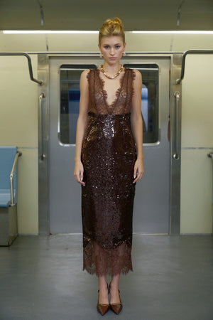 Aurohaya Ava Brown Lace Panel Sequined Maxi Dress