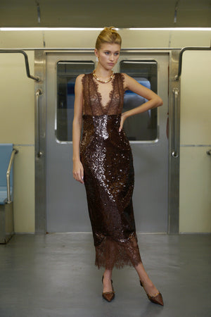 Aurohaya Ava Brown Lace Panel Sequined Maxi Dress