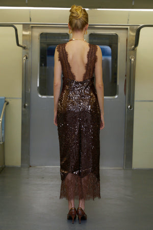 Aurohaya Ava Brown Lace Panel Sequined Maxi Dress