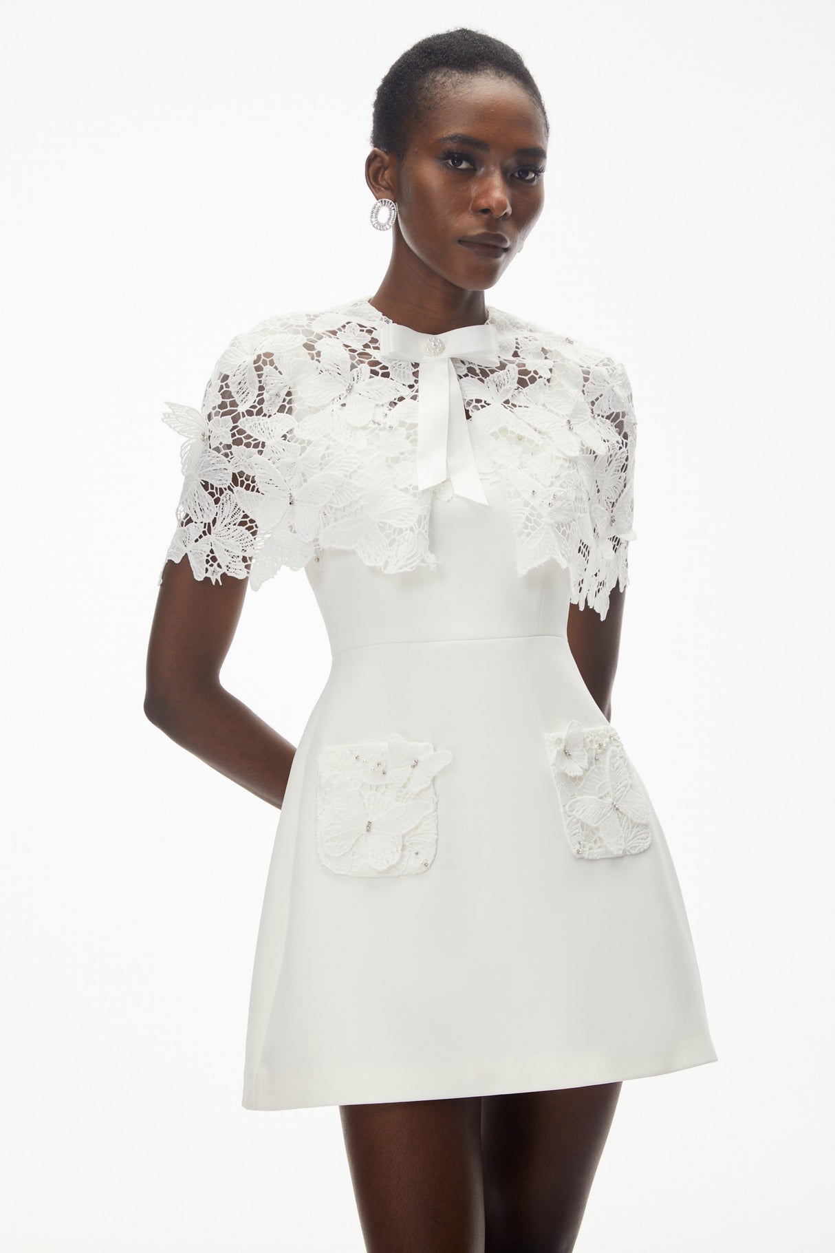 Aurohaya Ava White Floral Lace Mini Dress with Butterfly Applique