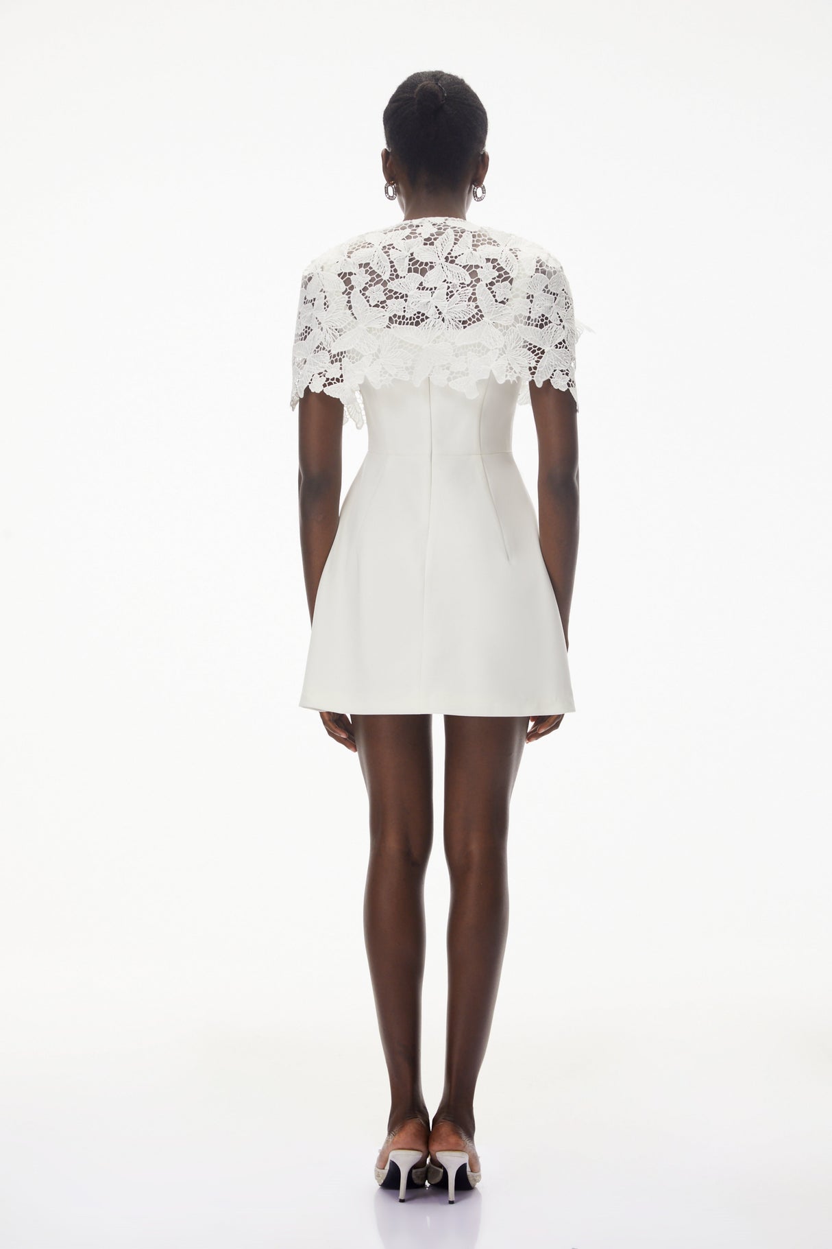 Aurohaya Ava White Floral Lace Mini Dress with Butterfly Applique