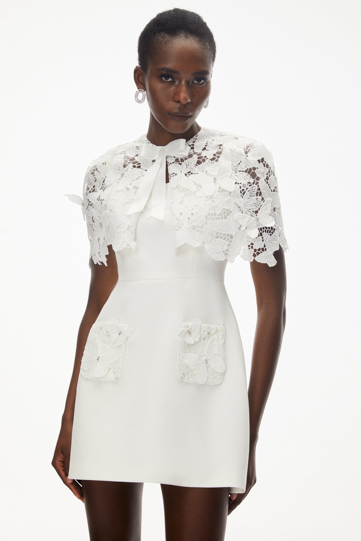 Aurohaya Ava White Floral Lace Mini Dress with Butterfly Applique
