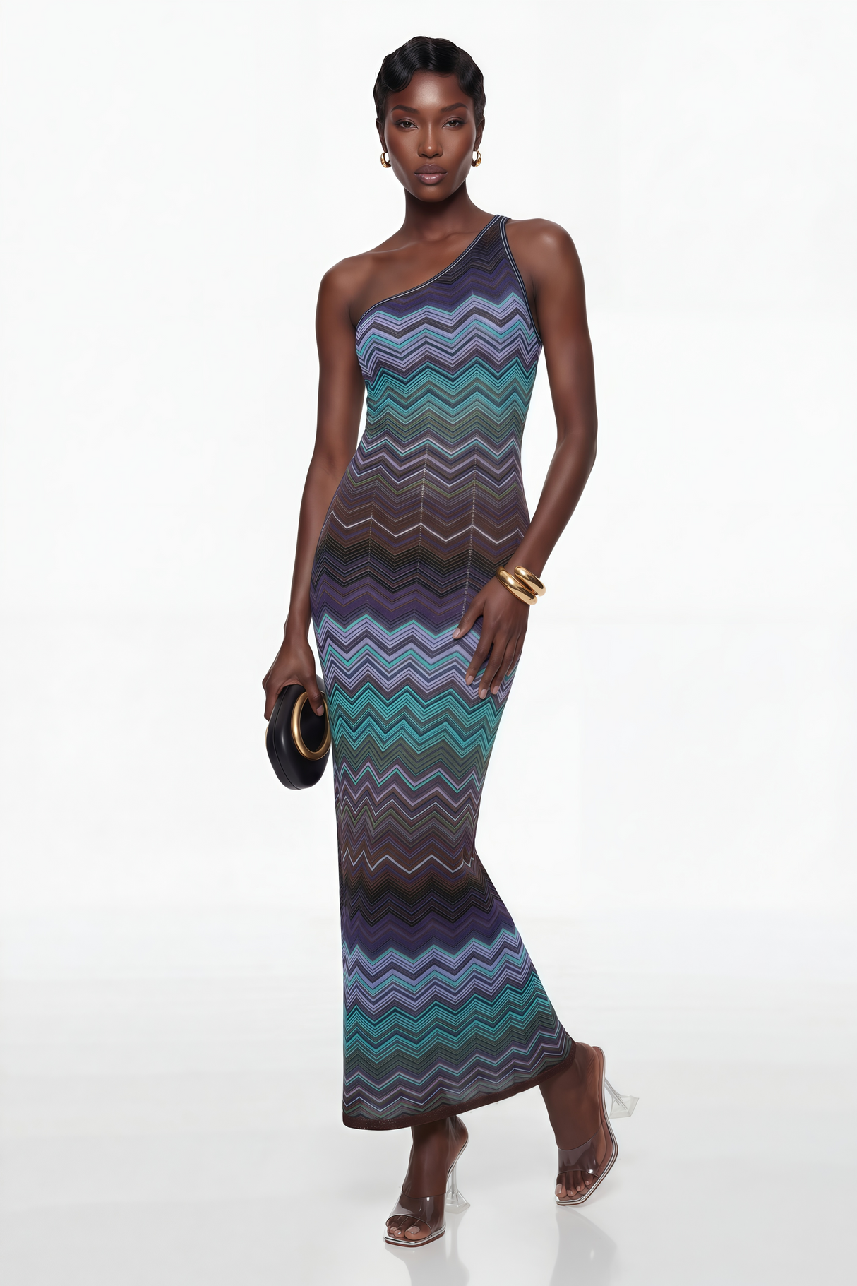 Aurohaya Avery Blue Knit Maxi Dress with Wave Pattern