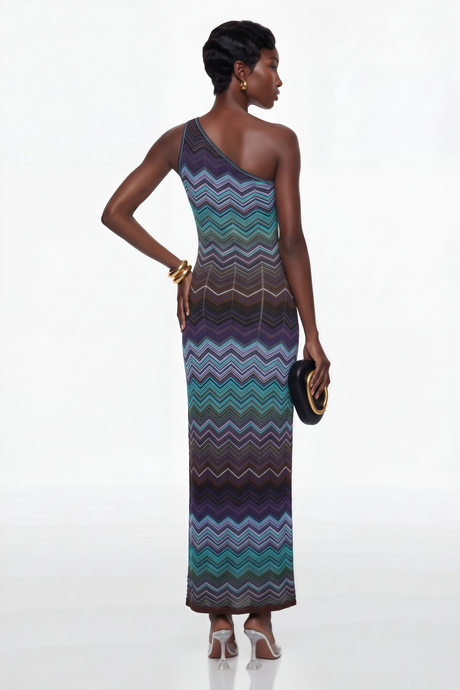 Aurohaya Avery Blue Knit Maxi Dress with Wave Pattern