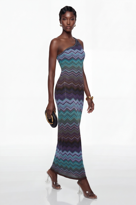 Aurohaya Avery Blue Knit Maxi Dress with Wave Pattern