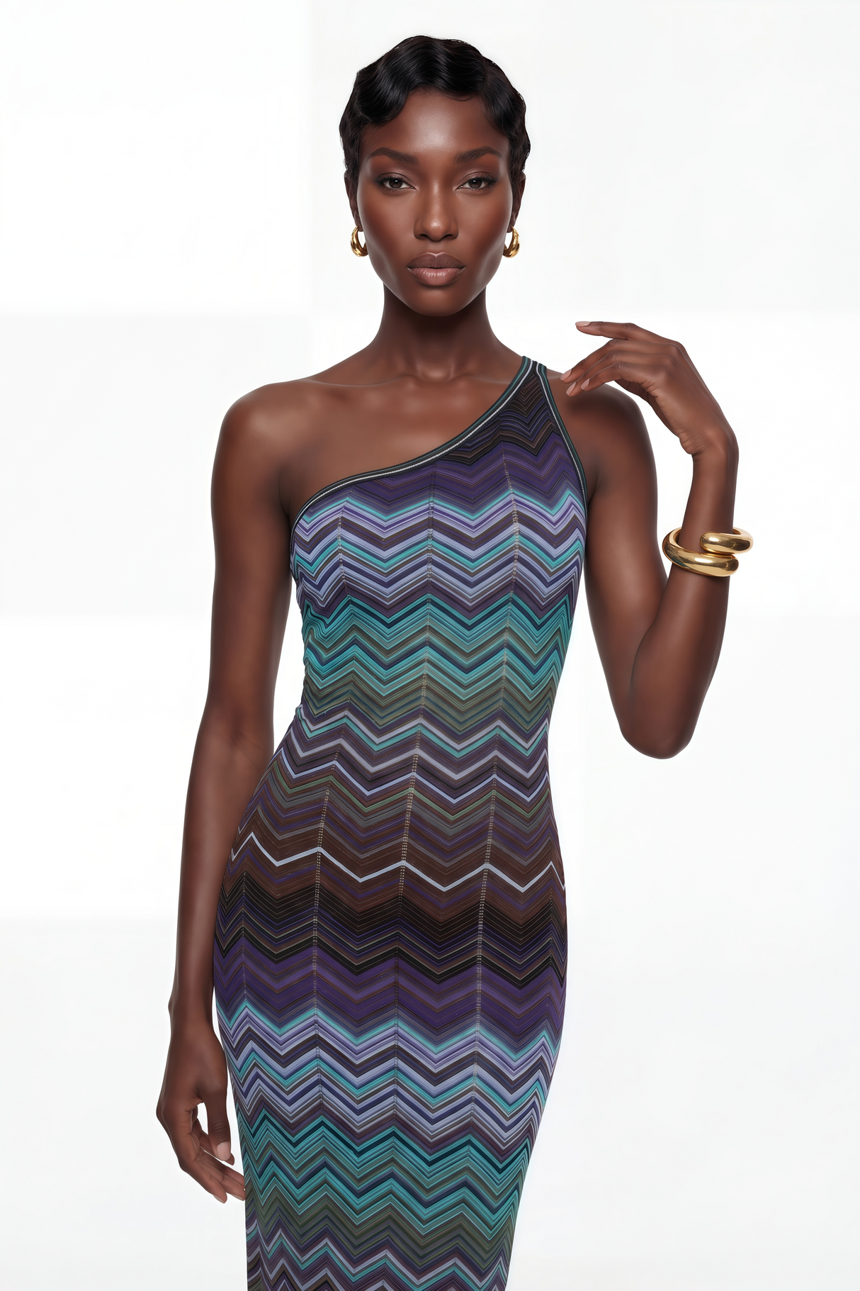 Aurohaya Avery Blue Knit Maxi Dress with Wave Pattern