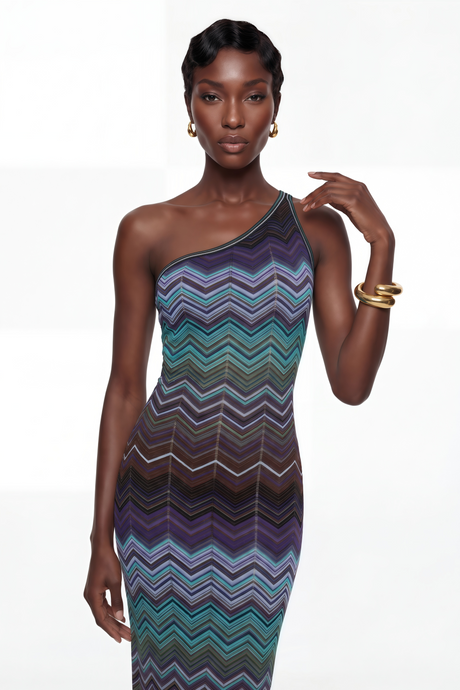 Aurohaya Avery Blue Knit Maxi Dress with Wave Pattern