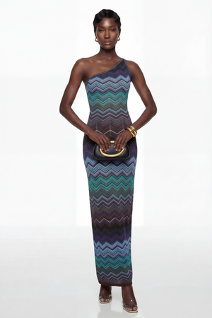 Aurohaya Avery Blue Knit Maxi Dress with Wave Pattern